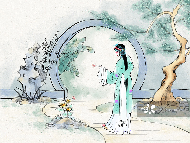 水墨画中国戏曲插画素材，青衣花旦在古色古香的庭院里表演。图片素材