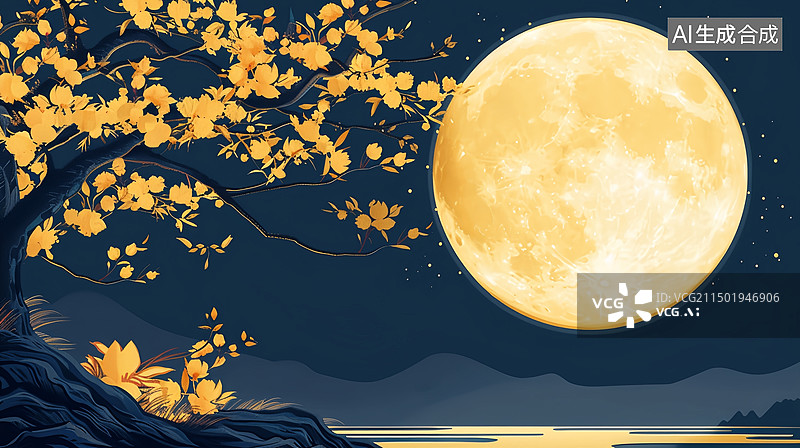 【AI数字艺术】中秋节桂花满月新中式节日海报图片素材