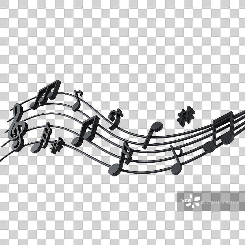 3D立体渲染的黑色音符五线谱音乐元素图片素材