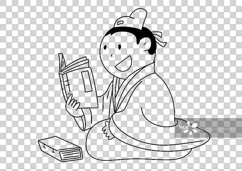 黑白线描古代汉服人物历史插画古代跪坐的学子摊开宣纸阅读书法的姿势儿童人物元素图片素材
