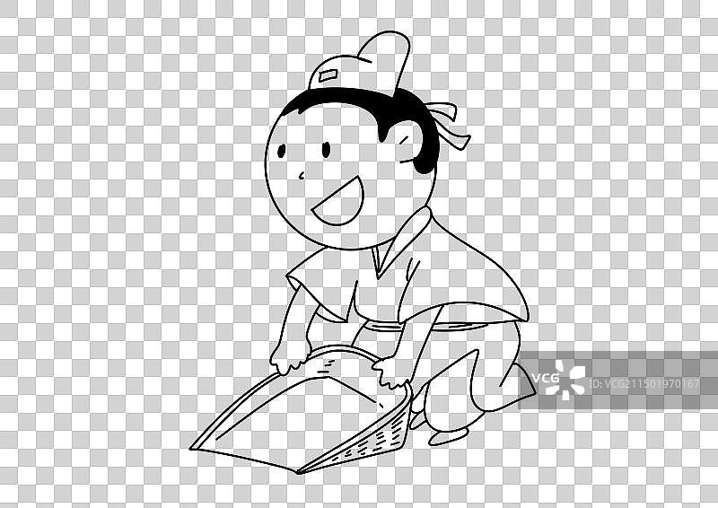 黑白线描古代汉服人物历史插画古代跪坐的学子摊开宣纸阅读书法的姿势儿童人物元素图片素材