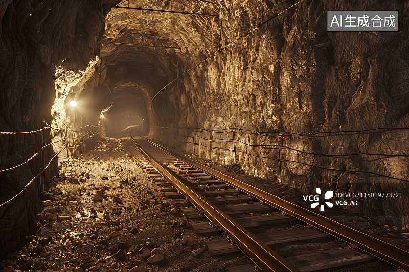 【AI数字艺术】地下矿井轨道挖煤金矿插图图片素材