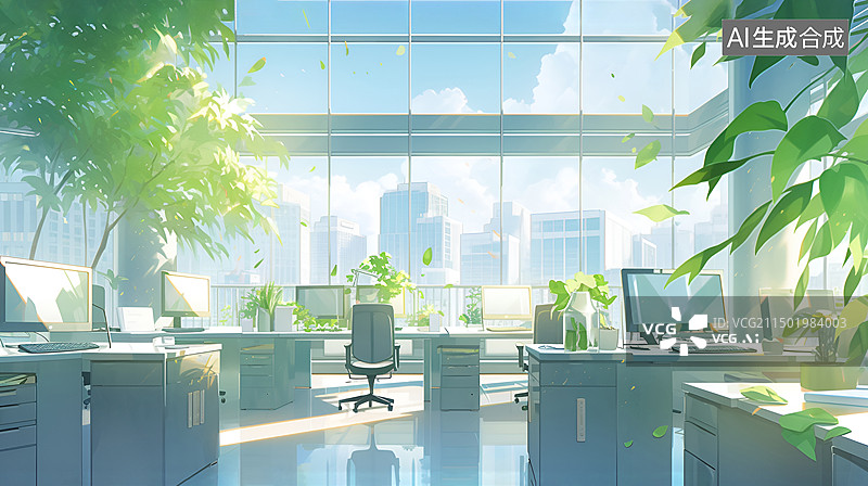 【AI数字艺术】新海诚风格办公室环境图片素材