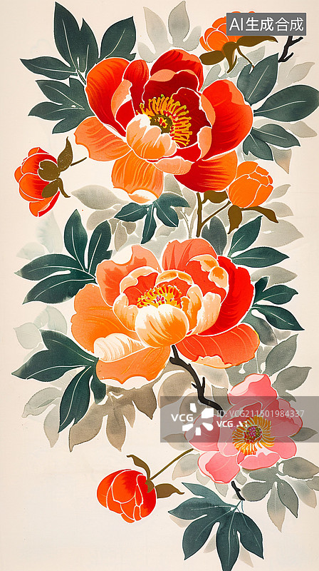 【AI数字艺术】国潮牡丹花中国风工笔画花卉插画图片素材