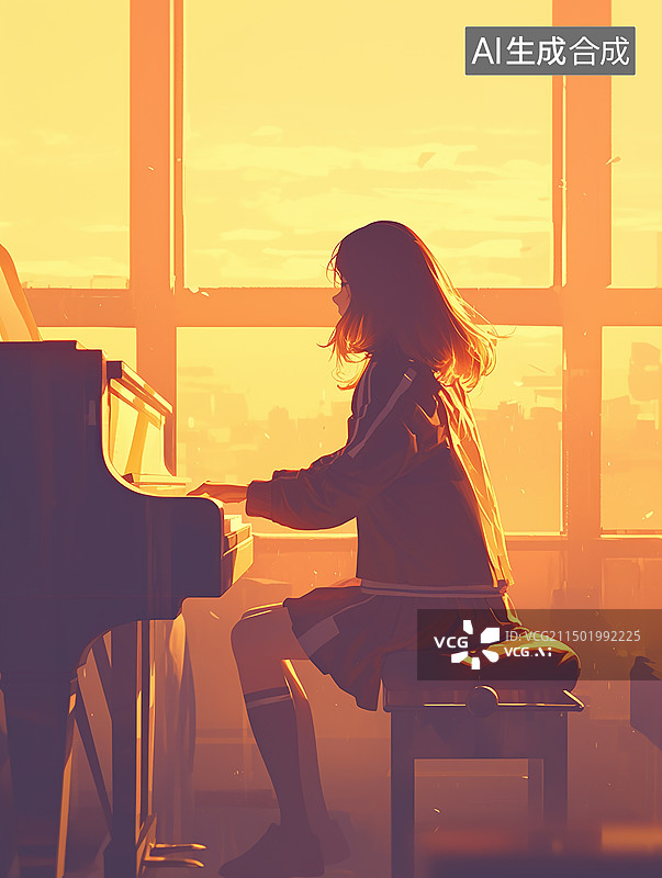 【AI数字艺术】下课后在教室弹钢琴校服少女的侧面角度享受美好青春期图片素材