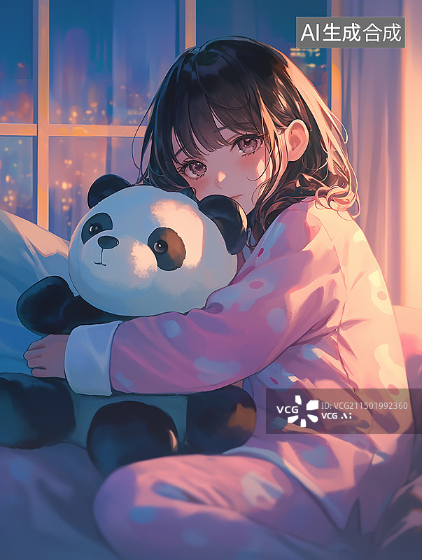 【AI数字艺术】少女抱着熊玩偶在闺房卧室里享受静谧时光图片素材