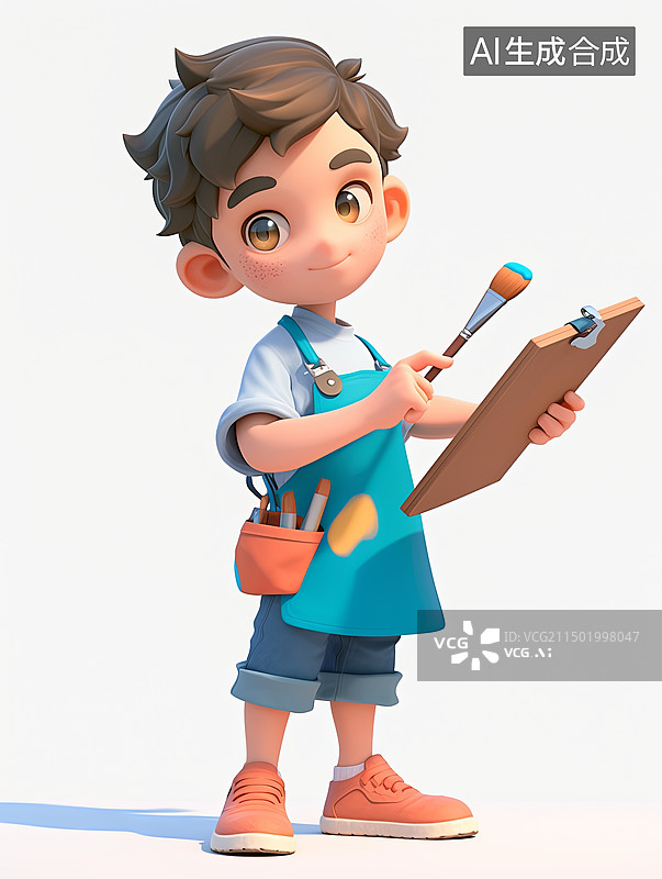 【AI数字艺术】3D渲染卡通可爱风正在画画的小男孩图片素材