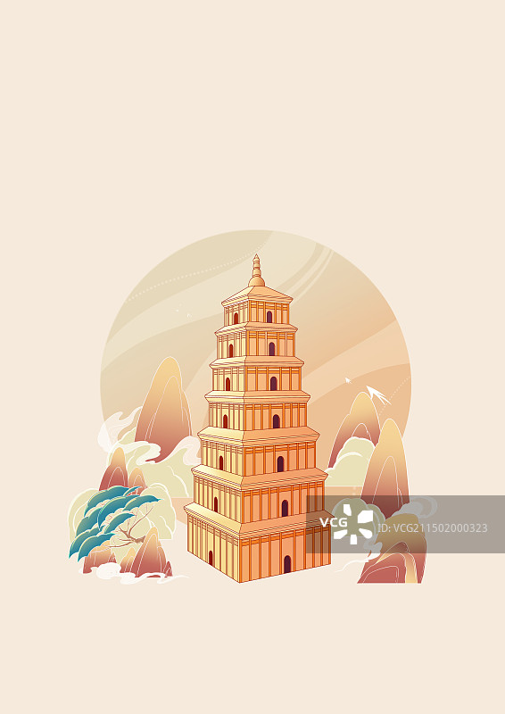 西安地标建筑国潮插画图片素材
