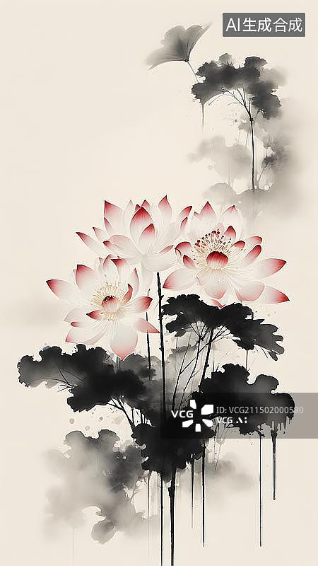 【AI数字艺术】水墨风格荷花，夏季荷花水墨插画图片素材