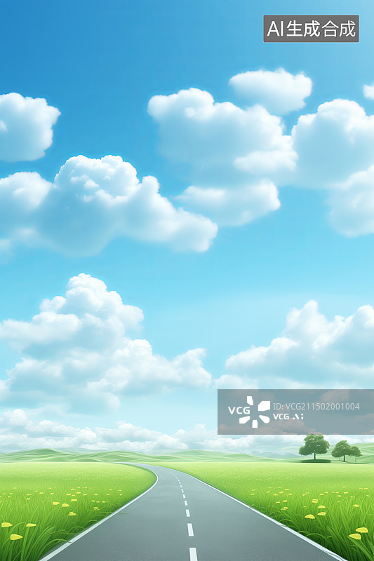 【AI数字艺术】草原上的公路 插画 清新背景图片素材