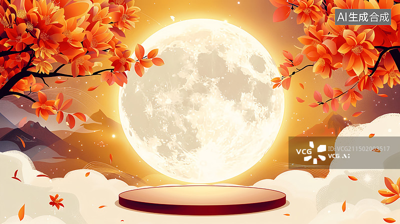 【AI数字艺术】中秋节桂花电商展台满月节日场景图片素材