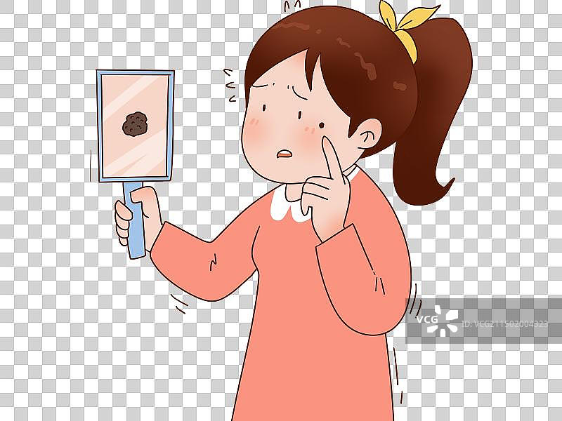 女孩照镜子发现脸上有色素痣图片素材