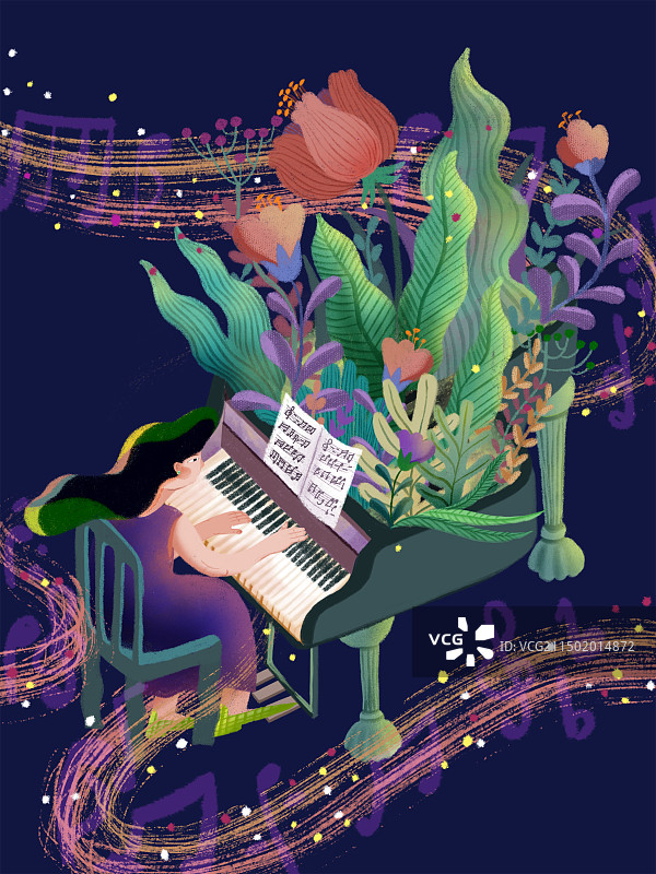 坐在钢琴前的少女弹奏大自然的协奏曲图片素材