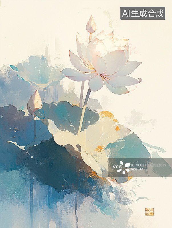 【AI数字艺术】水彩荷花水墨清新背景图片素材