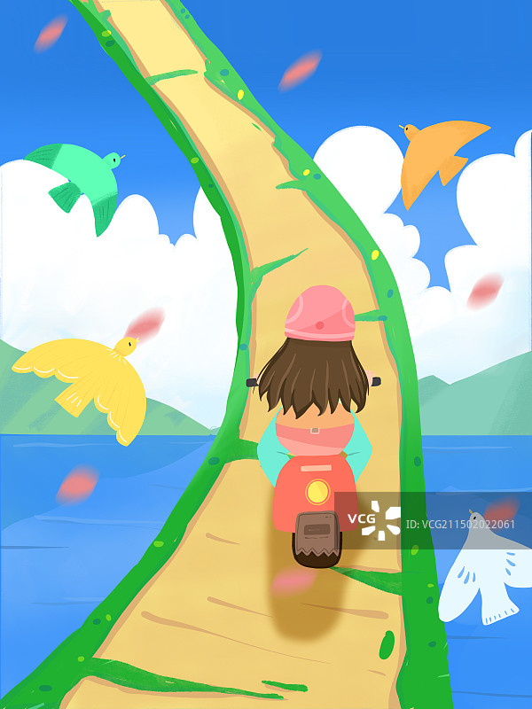 女孩骑车上云霄图片素材