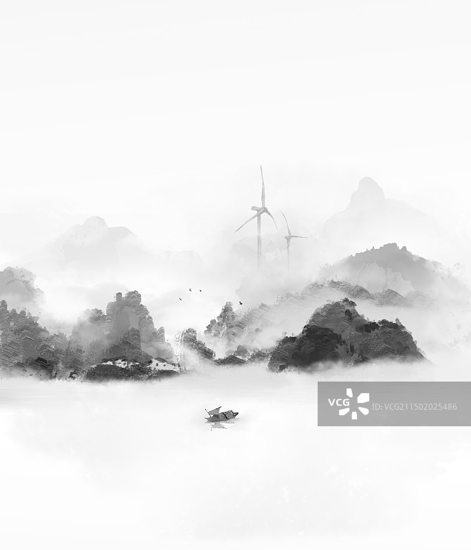 水墨黑白山水意境中国风背景插画图片素材