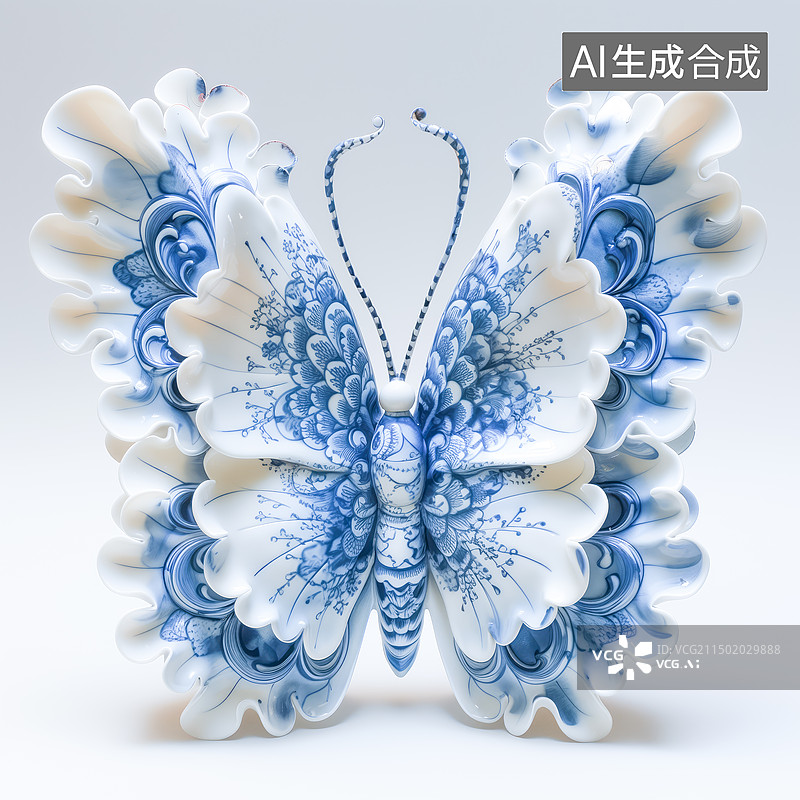 【AI数字艺术】青花瓷材质的蝴蝶图片素材