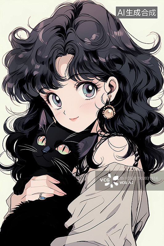 【AI数字艺术】复古人物插画抱猫女孩图片素材