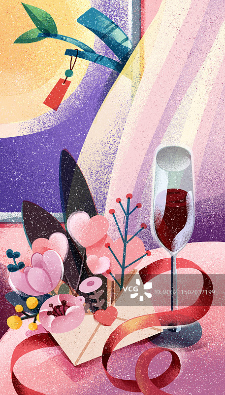 七夕情人节月爱心粉紫色花束红酒浪漫之夜图片素材