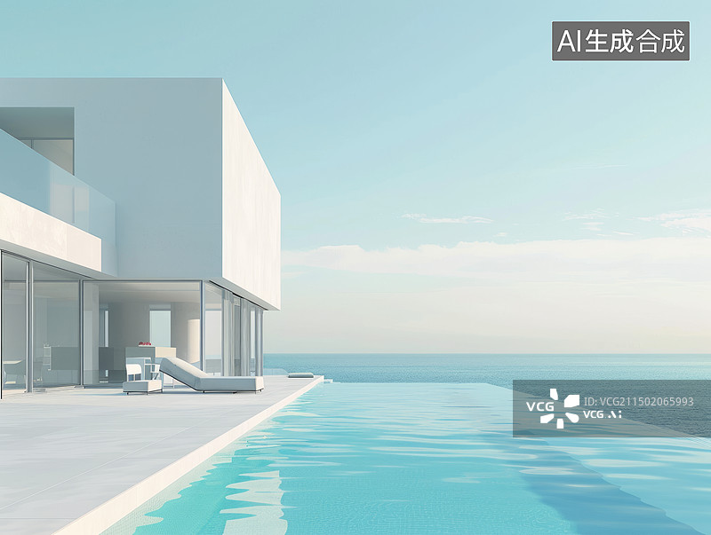 【AI数字艺术】豪华别墅的宁静海景与无边泳池图片素材