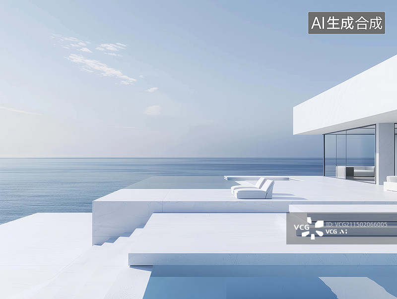 【AI数字艺术】豪华别墅的宁静海景与无边泳池图片素材