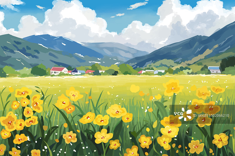 清新治愈乡村草地田野黄花房子山川手绘背景插画壁纸内页封面图片素材