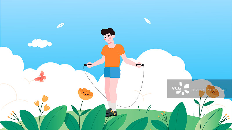 男孩在公园跳绳插画图片素材
