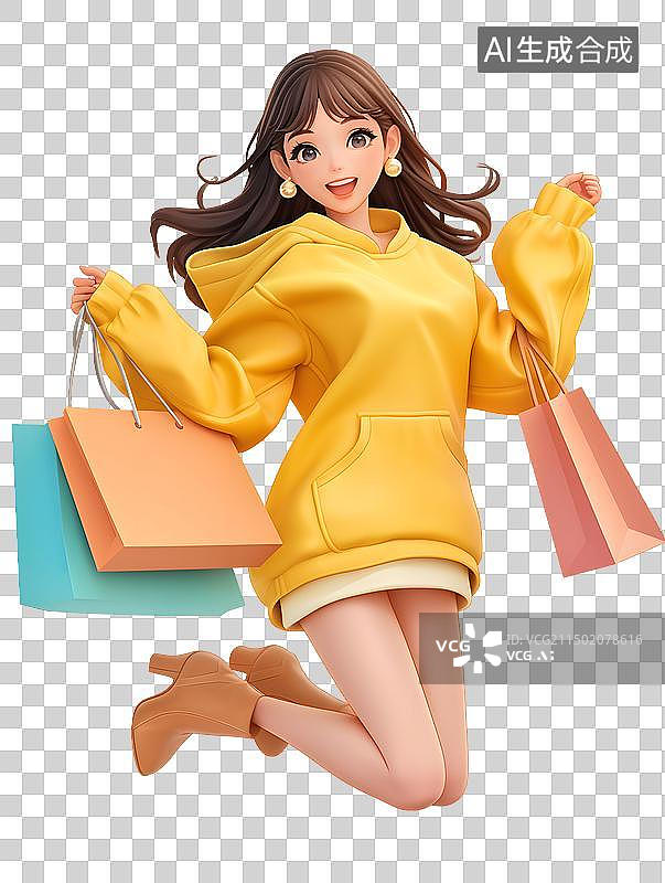 【AI数字艺术】提着购物袋的女孩开心跳起来图片素材
