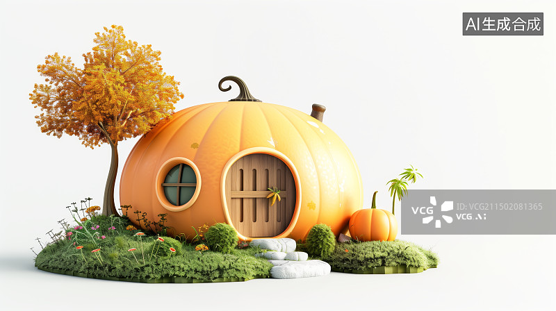 【AI数字艺术】万圣节南瓜房子3D卡通元素图片素材