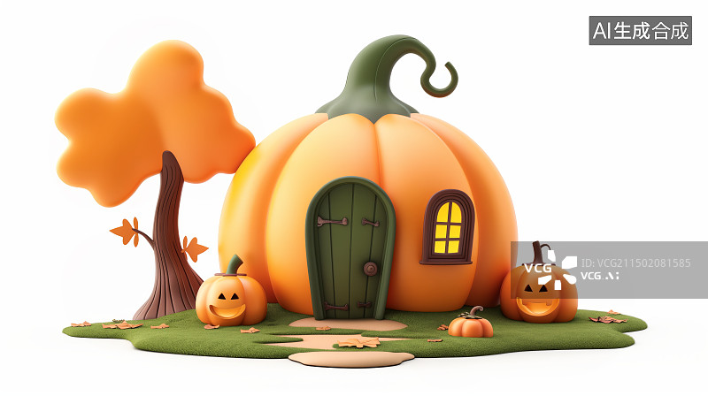 【AI数字艺术】万圣节南瓜房子3D卡通元素图片素材