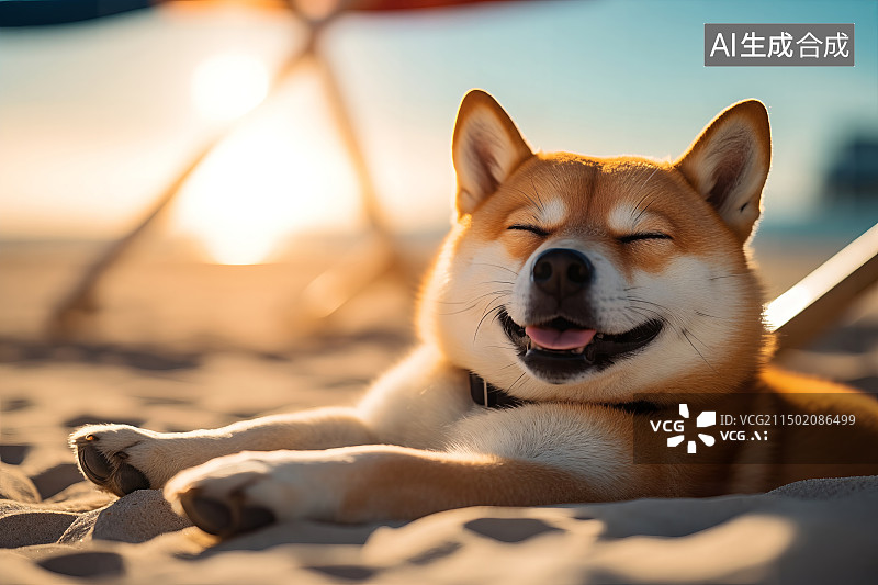 【AI数字艺术】夏季热带海边沙滩上，一只舒服的傻傻呆呆的狗狗，夏天节气与度假概念图片素材
