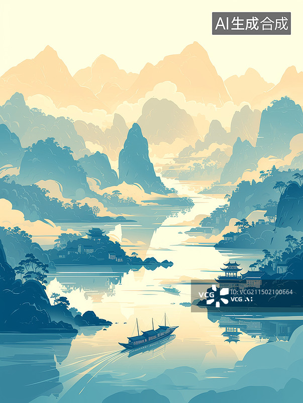 【AI数字艺术】中国水墨风蓝色山水与小船图片素材