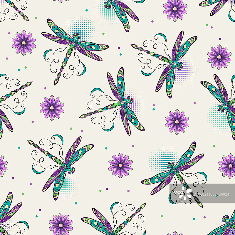 梦幻飞行蜻蜓与洋甘菊图案图片素材