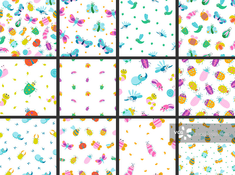 可爱昆虫卡通角色无缝图案图片素材