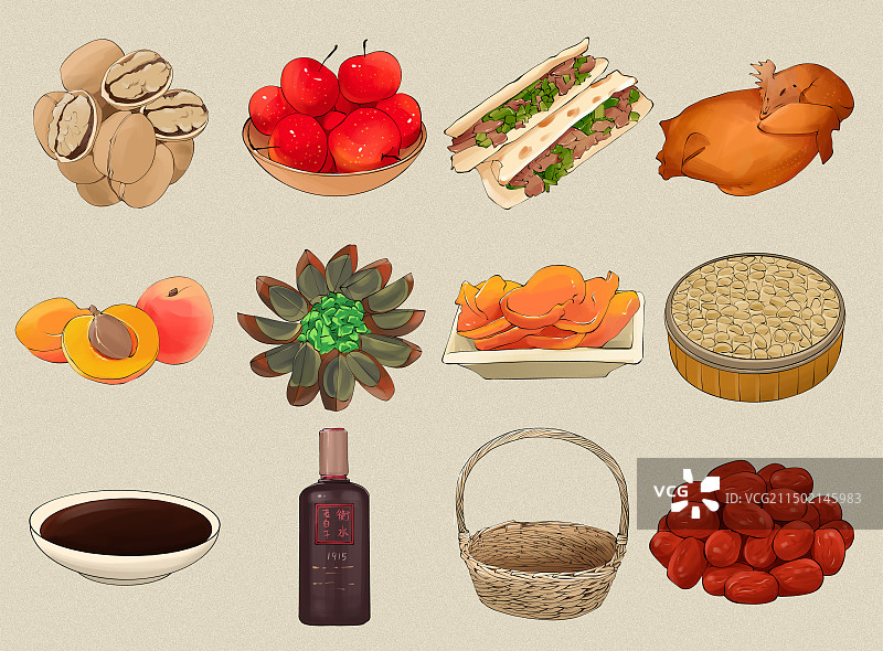 河北美食土特产小吃水果手绘插画合集图片素材