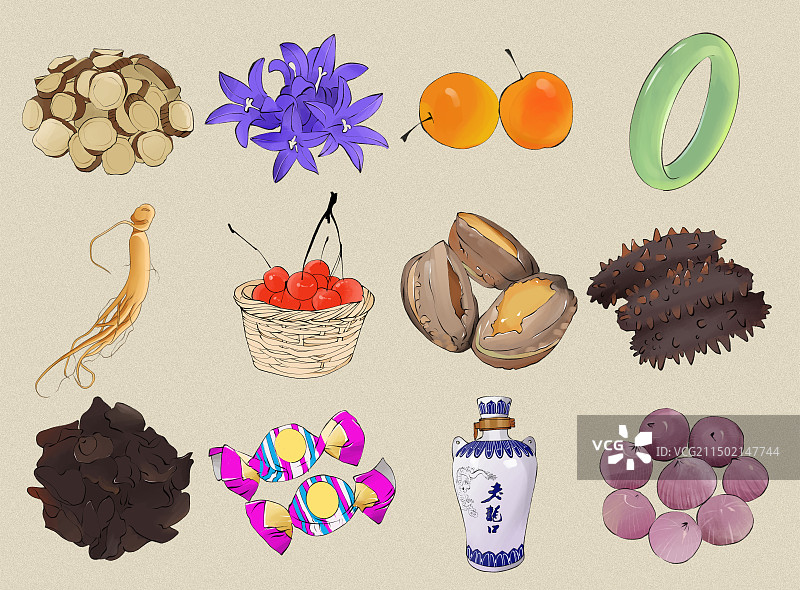 辽宁土特产美食伴手礼手绘国风插画图片素材