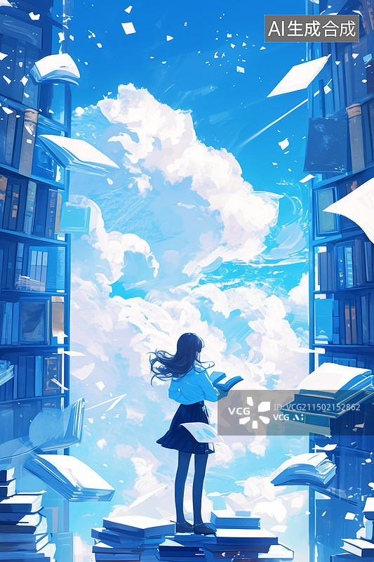 【AI数字艺术】天空图书馆书柜前的女生图片素材