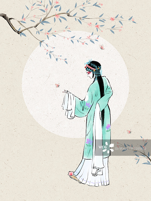 中国戏曲插画素材，青衣，花旦，花，蝴蝶，春天。图片素材