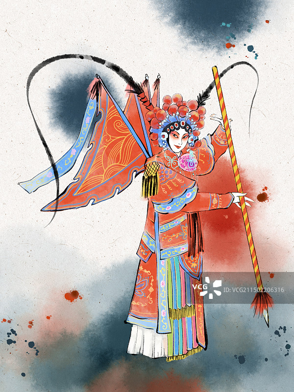 中国戏曲插画素材，豫剧，穆桂英挂帅，武旦，刀马旦，水墨晕染，喷溅墨点。图片素材