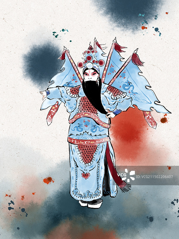 中国戏曲插画素材，挂须武生，将军霸王，背旗脸谱，水墨晕染，喷溅墨点。图片素材