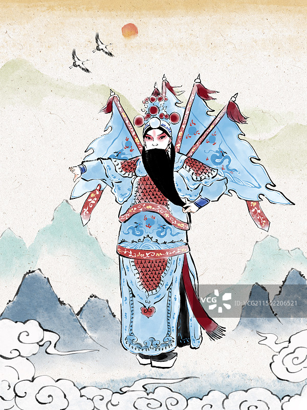 中国戏曲插画素材，挂须武生，将军霸王，背旗脸谱，祥云，山水画。图片素材