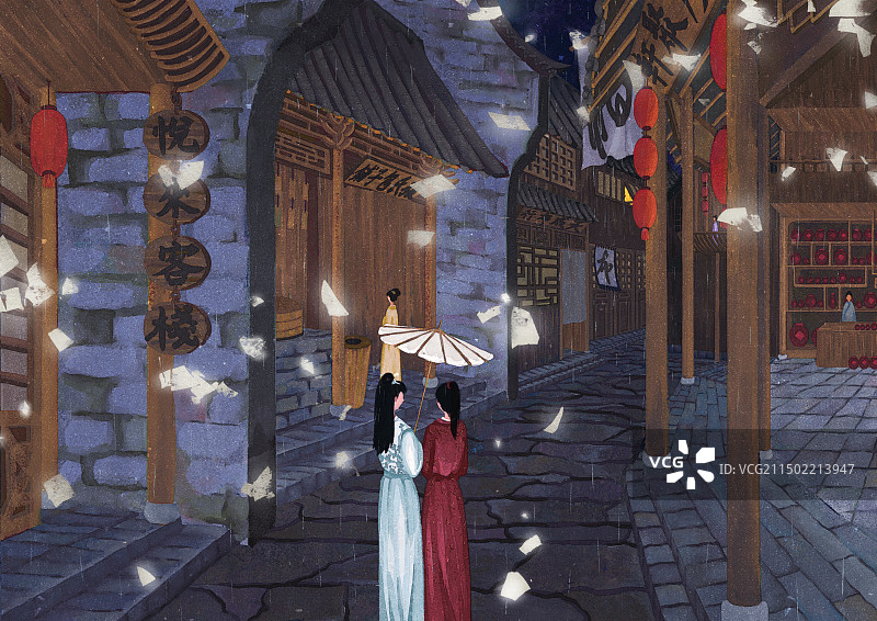 下雨天和姐妹在街道散步图片素材