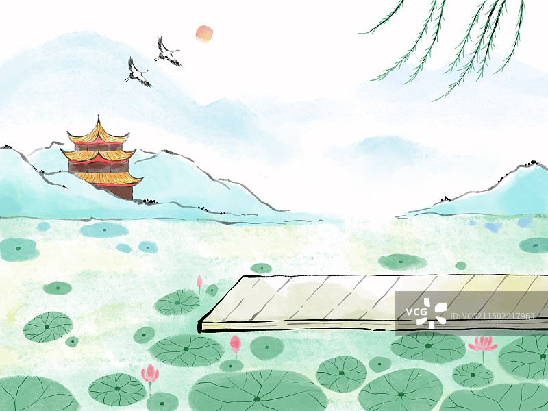 手绘园林公园荷塘风景夏天节气插画素材图片素材