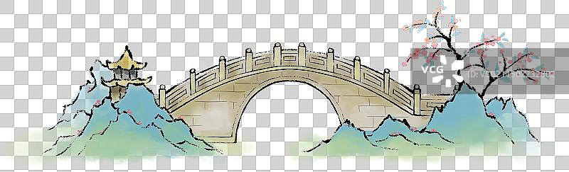 手绘国风桥素材元素图片素材