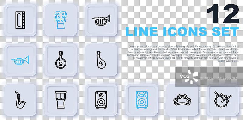 线条乐器组合：铃鼓、鼓、鼓槌、班卓琴图片素材