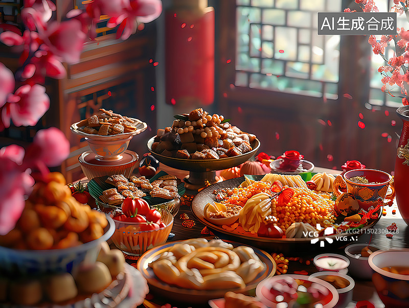 【AI数字艺术】中国传统春节年夜饭聚会宴席图片素材