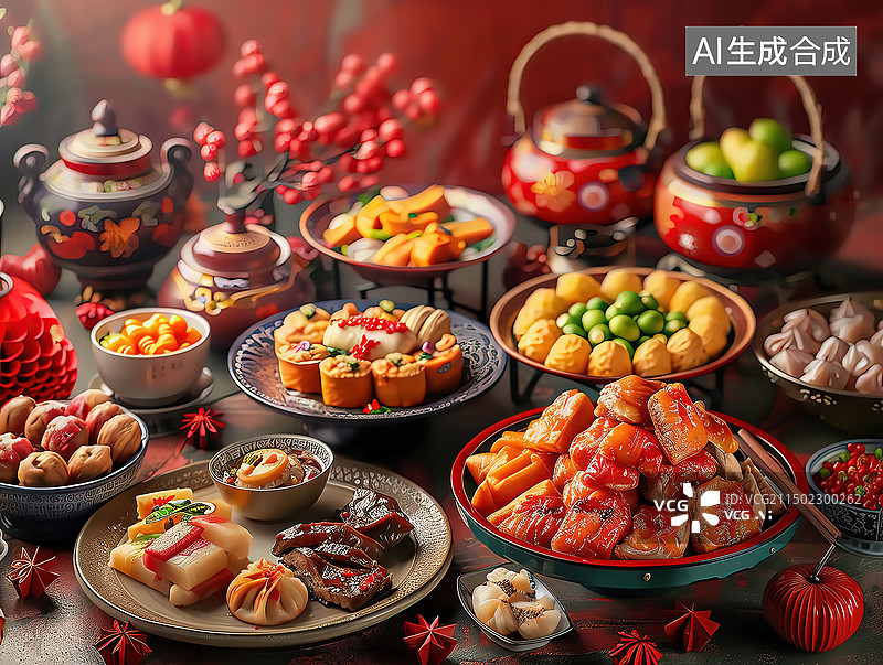【AI数字艺术】中国传统春节年夜饭聚会宴席图片素材