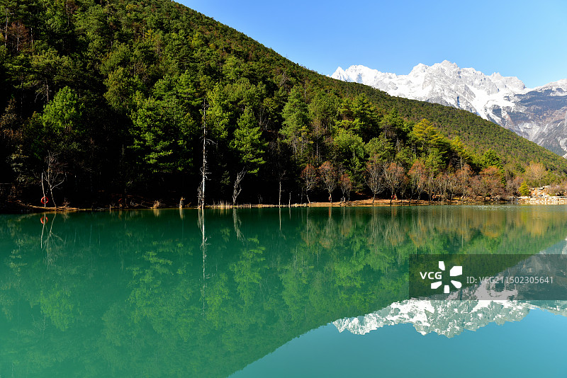 白雪皑皑的群山映衬下的湖光山色图片素材
