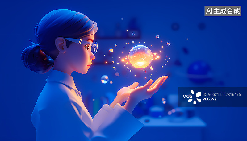 【AI数字艺术】一位戴着眼镜的女性在观察星球天文学3D插画图片素材