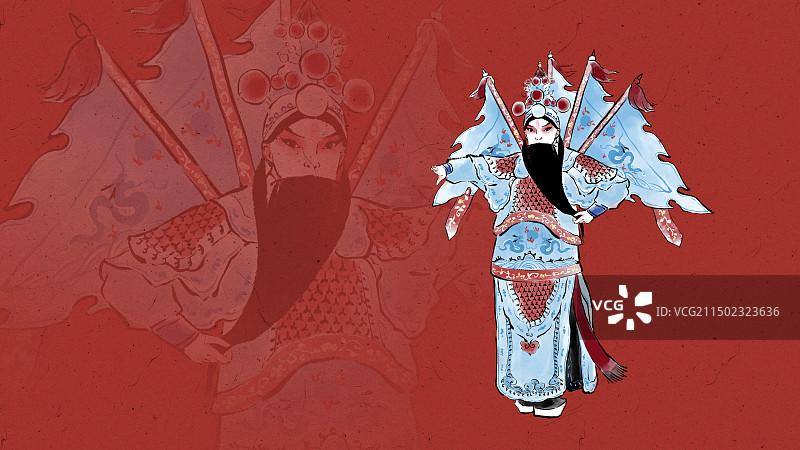 红色背景中国戏曲人物插画素材，挂须武生将军霸王。图片素材